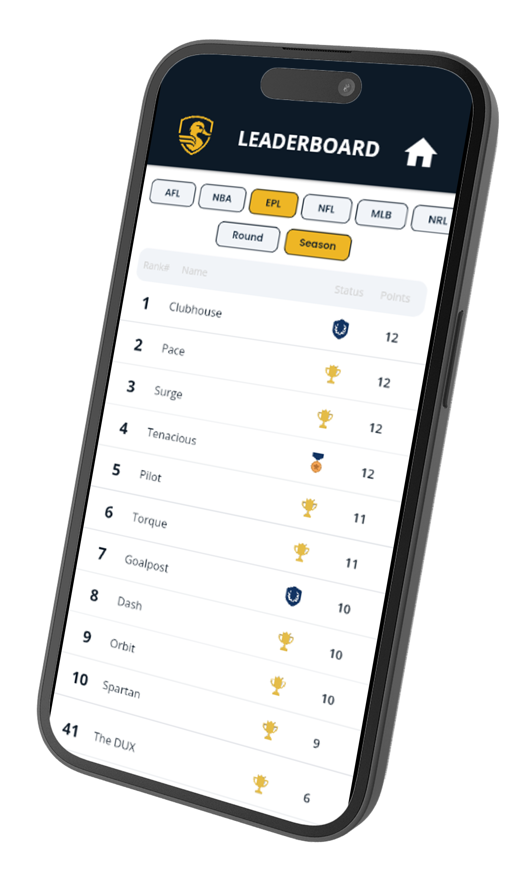 SportDux leaderboard screen